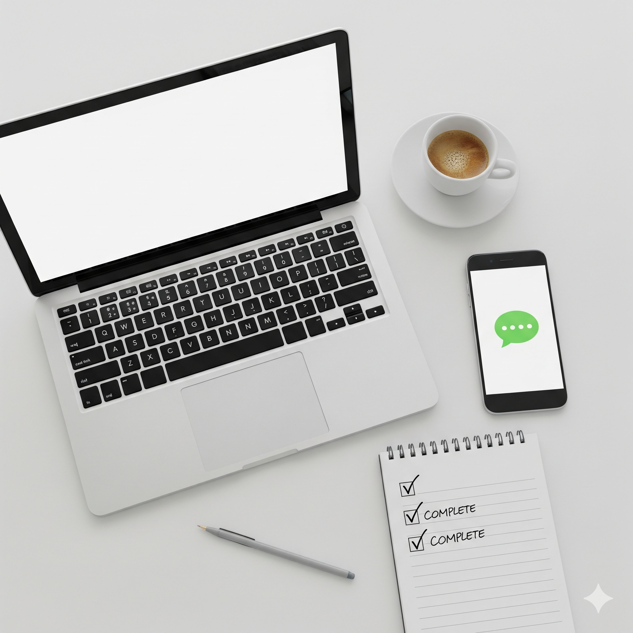 Mesa de trabalho organizada com laptop e smartphone para preparar a automação do WhatsApp